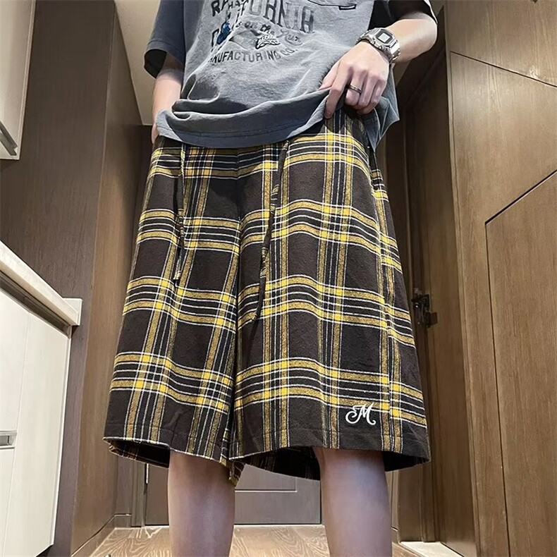 港风夏款男短裤格子条纹字母刺绣五分短裤D240P43,男装牛仔裤,星座1013-1