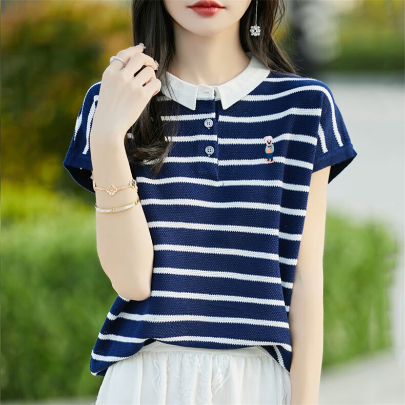 夏季小翻领精仿羊毛针织短袖t恤女条纹刺绣半袖无袖打底宽松上衣图片