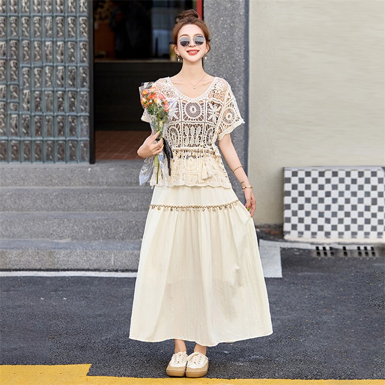 度假风绝美套装连衣裙女2025夏新款时尚镂空钩花小衫半身裙两件套,女装套装/套裙,妙形