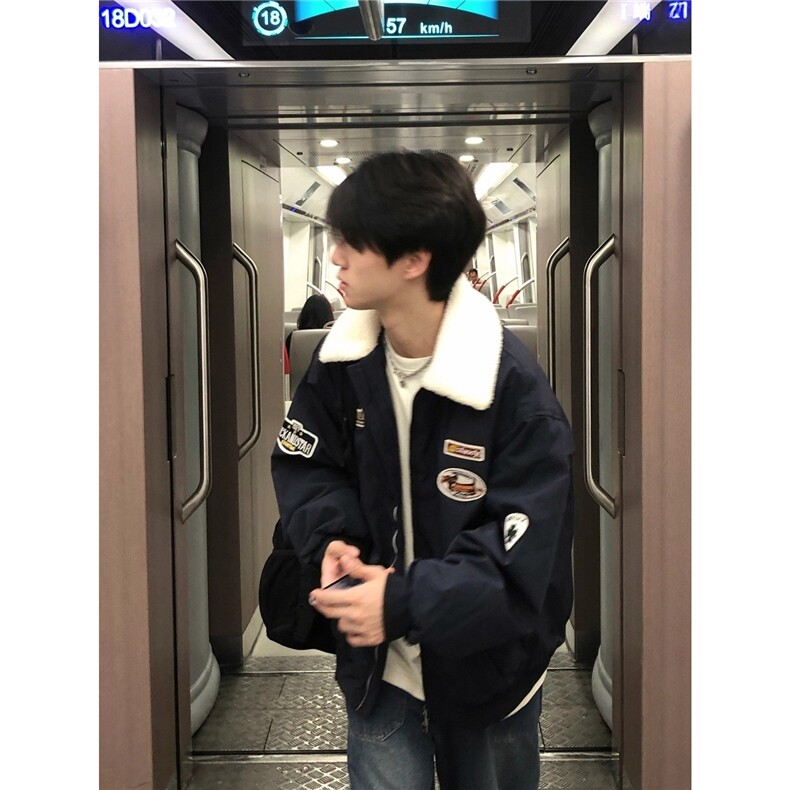 【档口现货】DJM801-批75羊羔绒翻领棉服男冬季加绒加厚慵懒外套图片