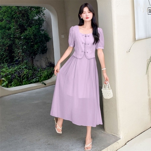 现货新中式气质假两件套连衣裙女2024夏季新款复古元素改良旗袍图片