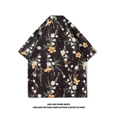 风沙滩花衬衫短袖古巴领复古垂感痞帅个性碎花，男装衬衫，星座506B