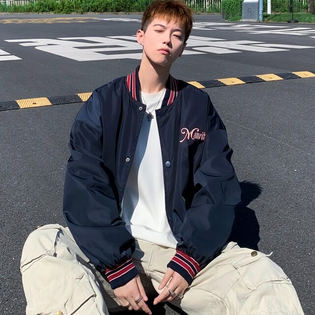 美式复古外套夹克街头潮牌宽松条纹撞色刺绣棒球服上衣,男装夹克,星座716-3