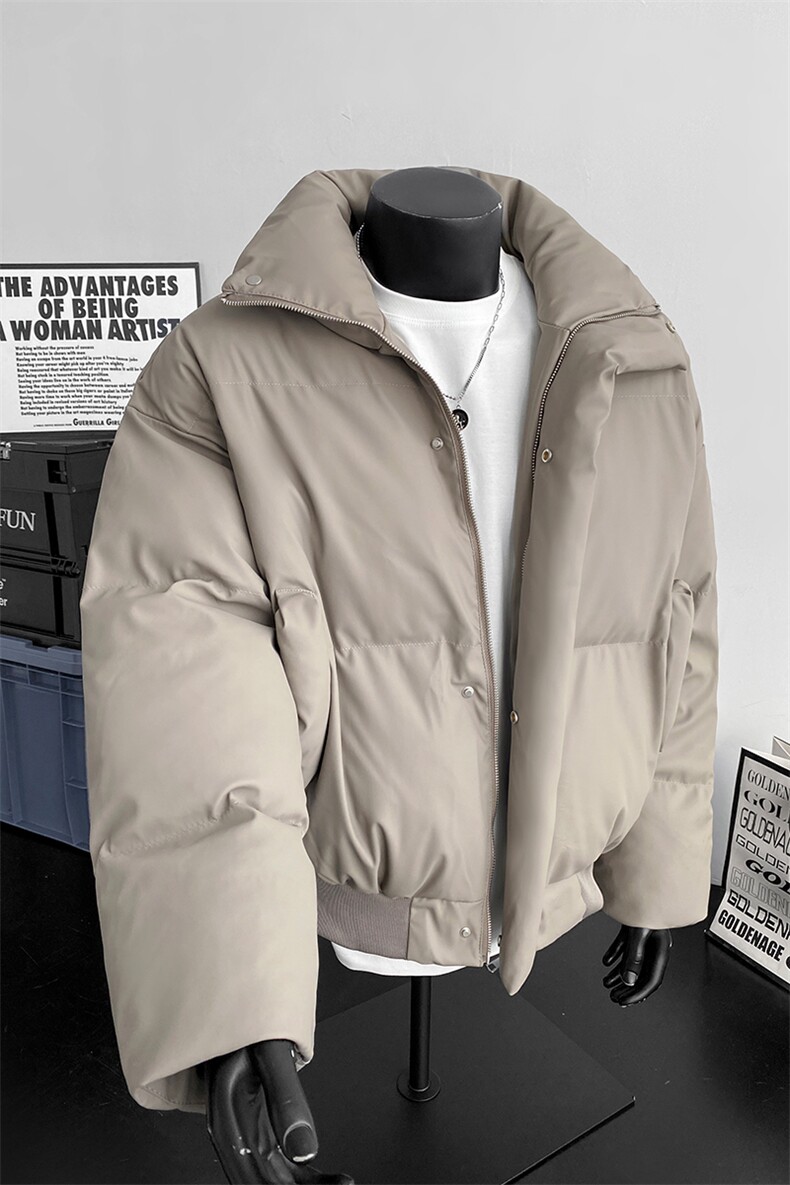 米色PU皮立领棉服男冬季加棉加厚保暖棉衣外套高级感痞帅情侣棉袄,男装棉衣,电商A007