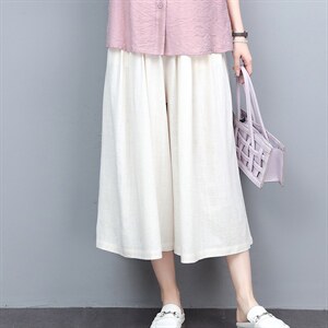 时尚裙裤女2022夏季新款七分裤百搭显瘦阔腿裤宽松薄款亚麻裤子图片