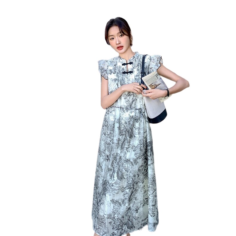新品新中式水墨画盘扣连衣裙A801P115K168,女装连衣裙,2C269