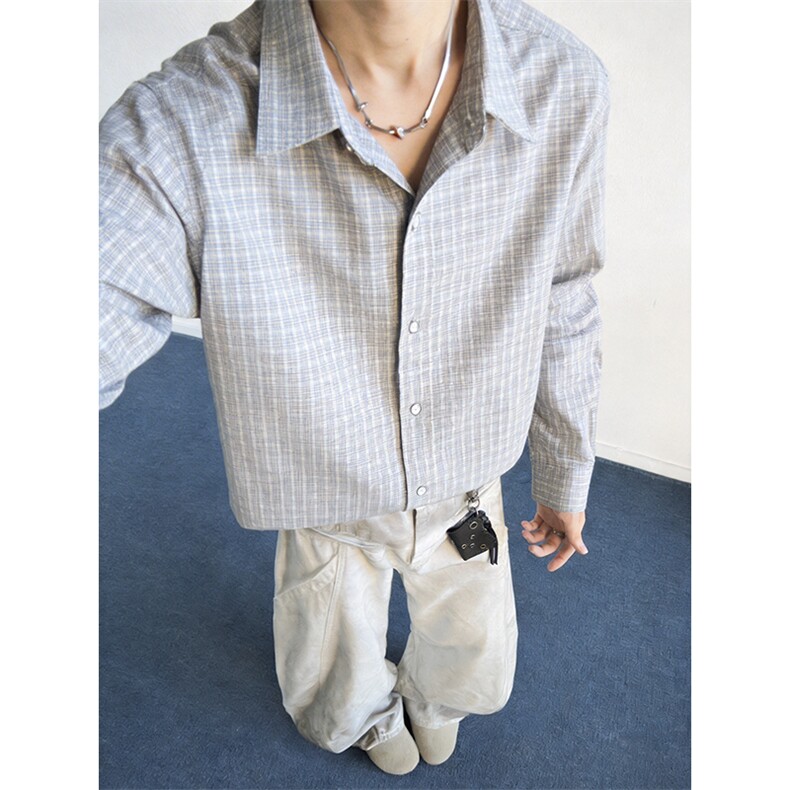 美式潮牌高街复古细格子日系肌理感长袖衬衫外套男女休闲宽松衬衣图片