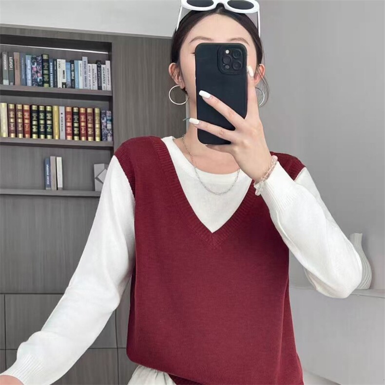 韩系设计感假两件洋气上衣时尚内搭针织衫女马甲俩件套薄毛衣秋冬,针织衫/毛衣,暖姿羊绒