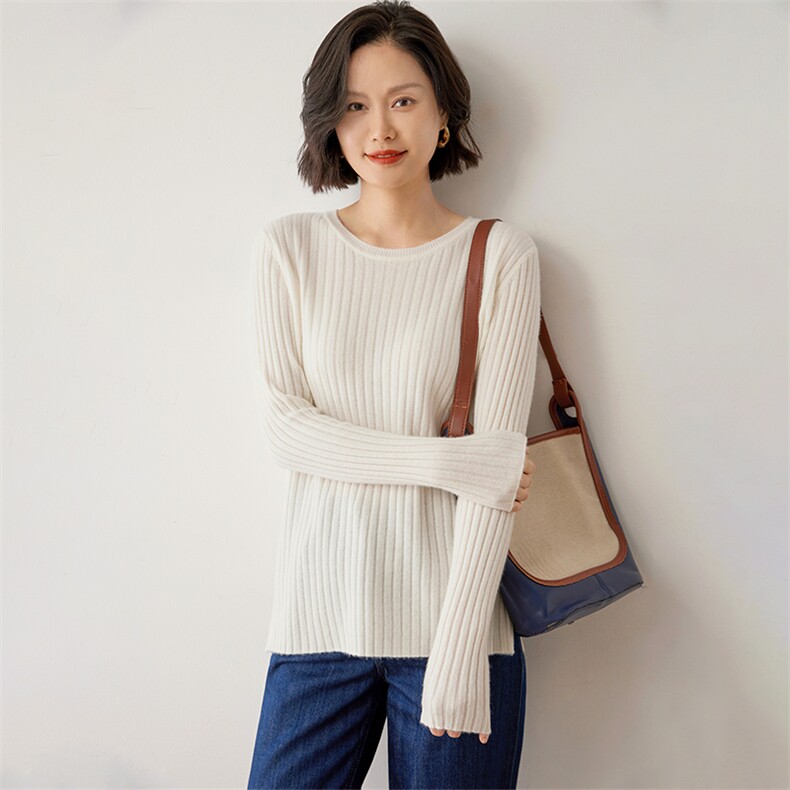 时尚百搭女士羊绒衫圆领竖纹设计简约休闲风格舒适保暖,女装羊绒衫,雪山红莲