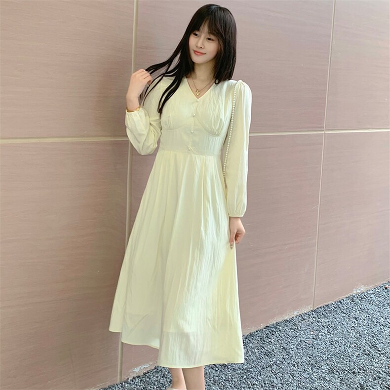 现货2024年春季新款女时尚淑女V领修身网红中长款连衣裙,女装连衣裙,煊芮熙