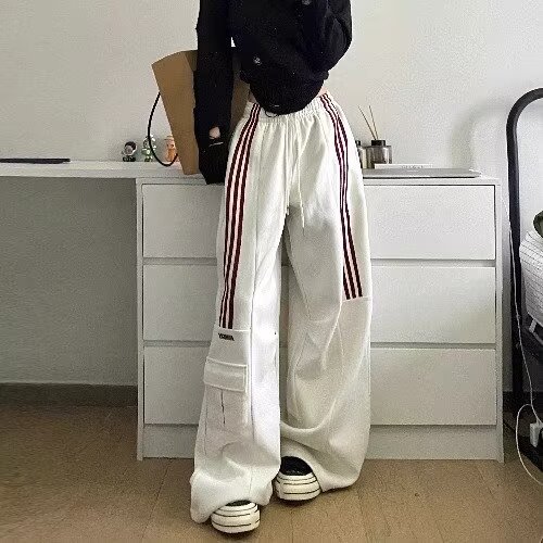 美式三条杠撞色条纹工装裤秋季新款高腰显瘦宽松直筒阔腿运动裤,男装工装外套,星座410-7