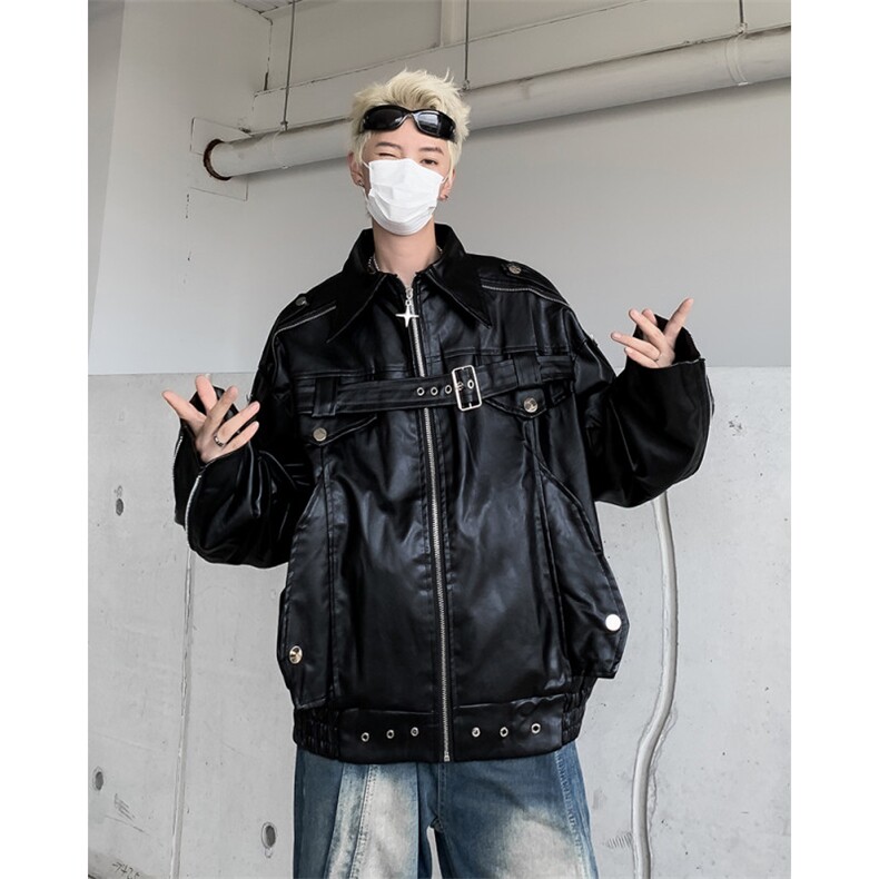 美式复古高街白色皮衣外套男秋款潮牌小众高级感短款机车服夹克图片
