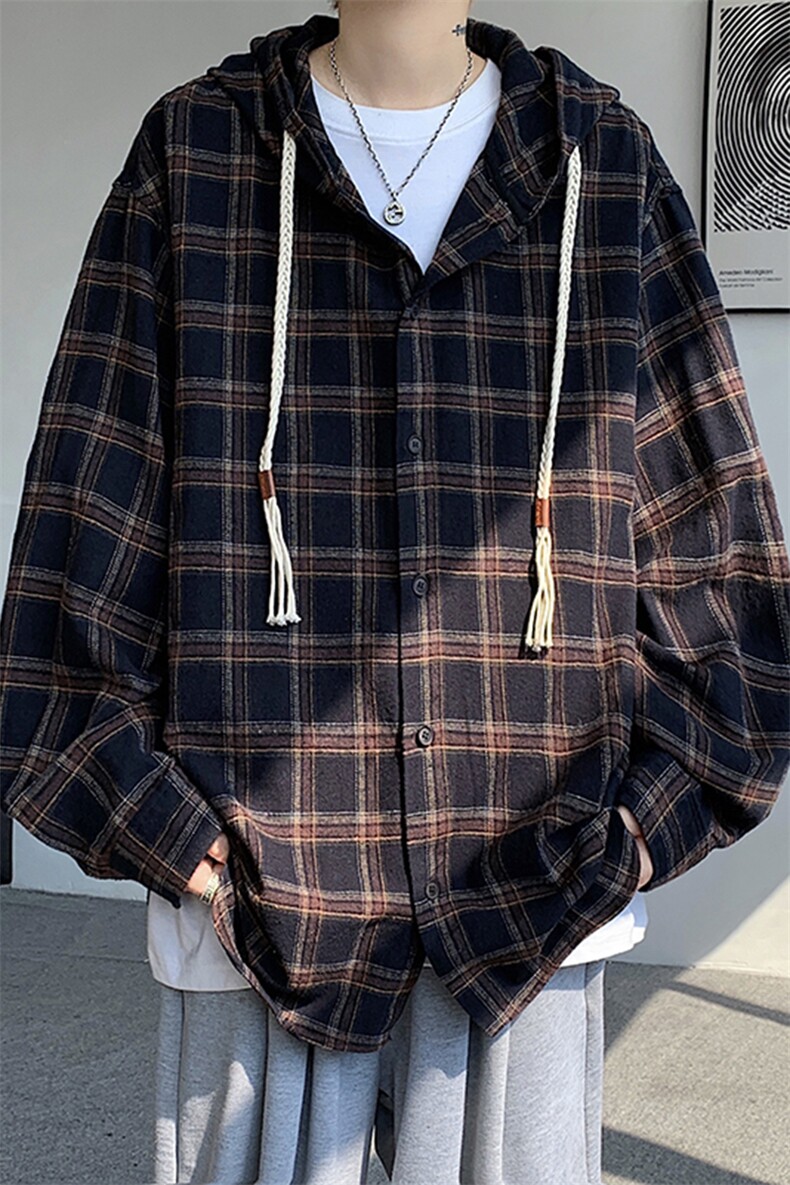 秋季新款港风日系复古纯棉慵懒风格子连帽衬衫男潮insZC775-P48,男装衬衫,星座313A(原308A-2)
