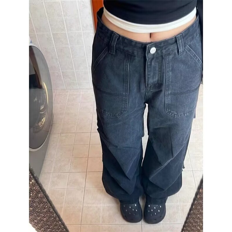 美式设计感工装牛仔裤男女秋冬新款复古宽松阔腿休闲裤L91288-P48图片