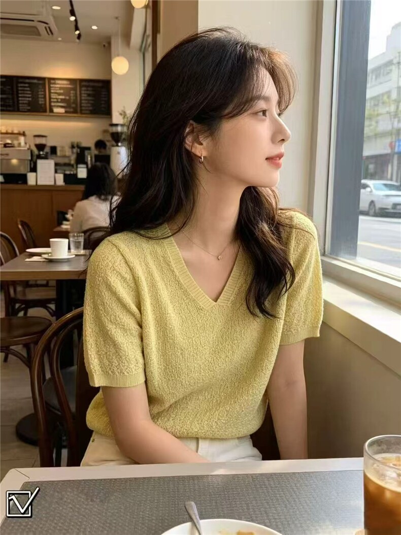 高级感V领莱赛尔天丝短袖针织衫女薄款宽松显瘦百搭T恤打底衫上衣,女装T恤,美轩羊绒