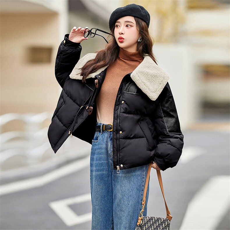 现货2023年冬季新款羊羔绒PU皮拼接加厚羽绒服大翻领宽松短外套女,女装羽绒服,仟媚宠