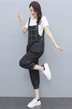 短袖牛仔背带裤套装女2023夏季新款女装韩版时尚休闲两件套套裤潮，女装套装/套裙，慧尚依恋
