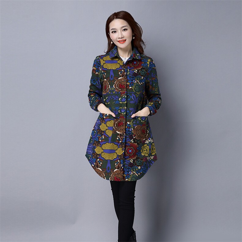 长袖中长款方领碎花修身植绒2020年冬季衬衫,女装衬衫,独衣靓