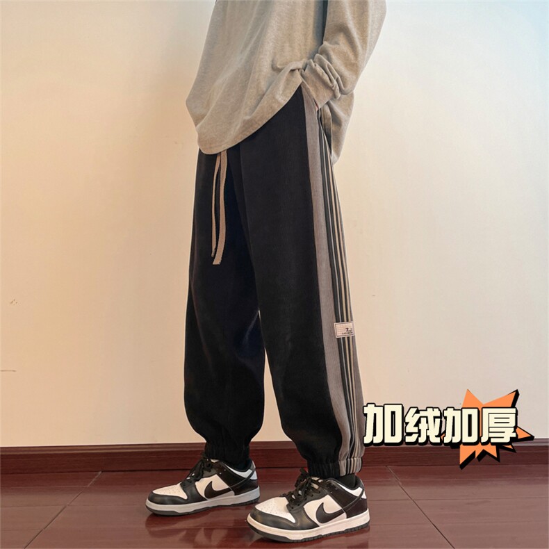欧棉绒条纹裤子男款春秋季oversize运动卫裤大码宽松束脚休闲长裤图片