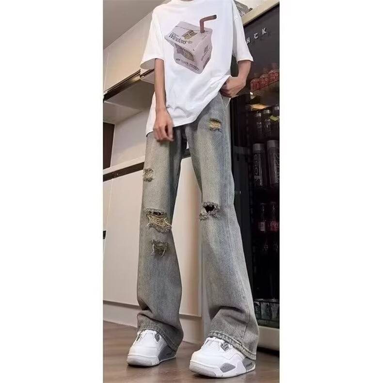 792复古破洞牛仔裤男生高腰夏季新款美式高街弯刀微喇裤ins风潮,男装牛仔裤,星座308A-1（原309B-1）