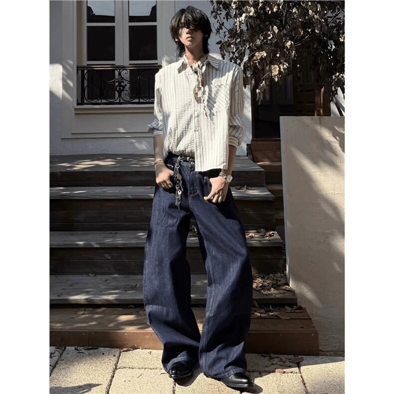 美式潮牌高街复古泡泡纱竖条纹日系肌理长袖衬衫男女休闲宽松衬衣，男装衬衫，电商A443