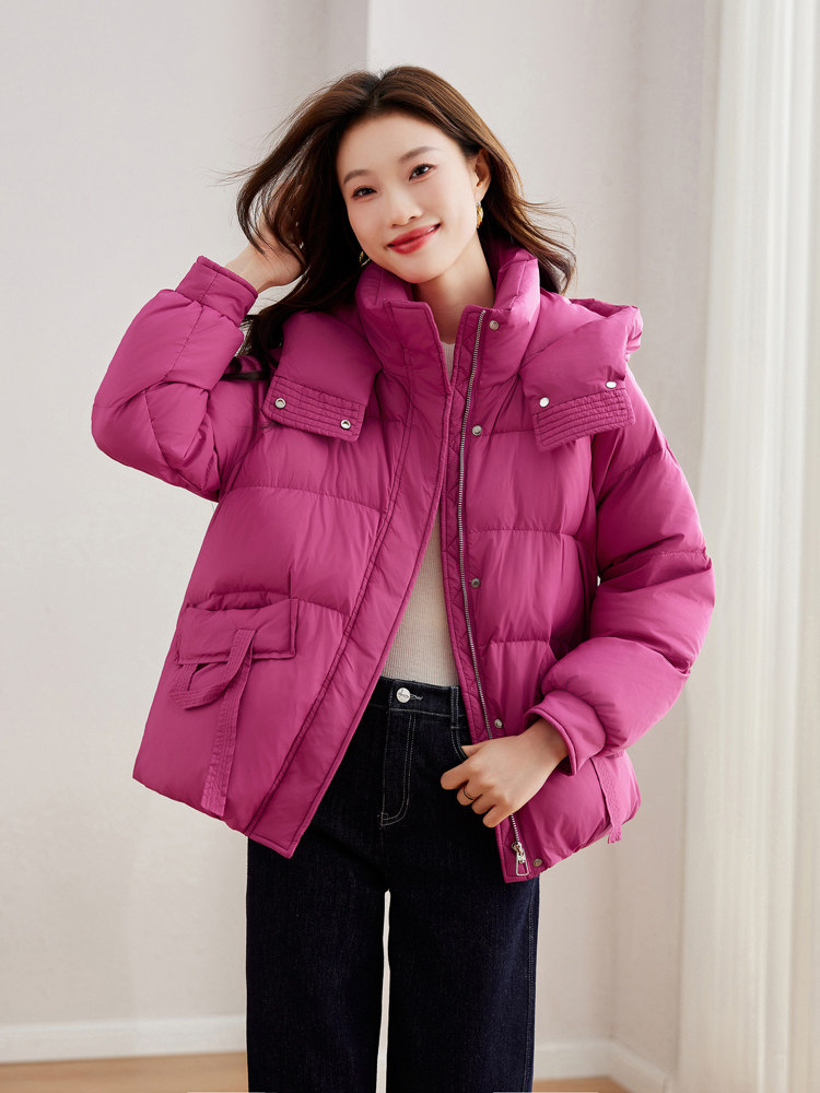 新g标90白鸭绒树莓红羽绒服女短款2024年冬季连帽加厚保暖小个子,女装羽绒服,梦懿尔