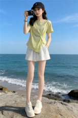 欧韩时尚潮流套装女夏新款圆领印花侧开叉短袖上衣蕾丝短裤两件套，女装套装/套裙，江南