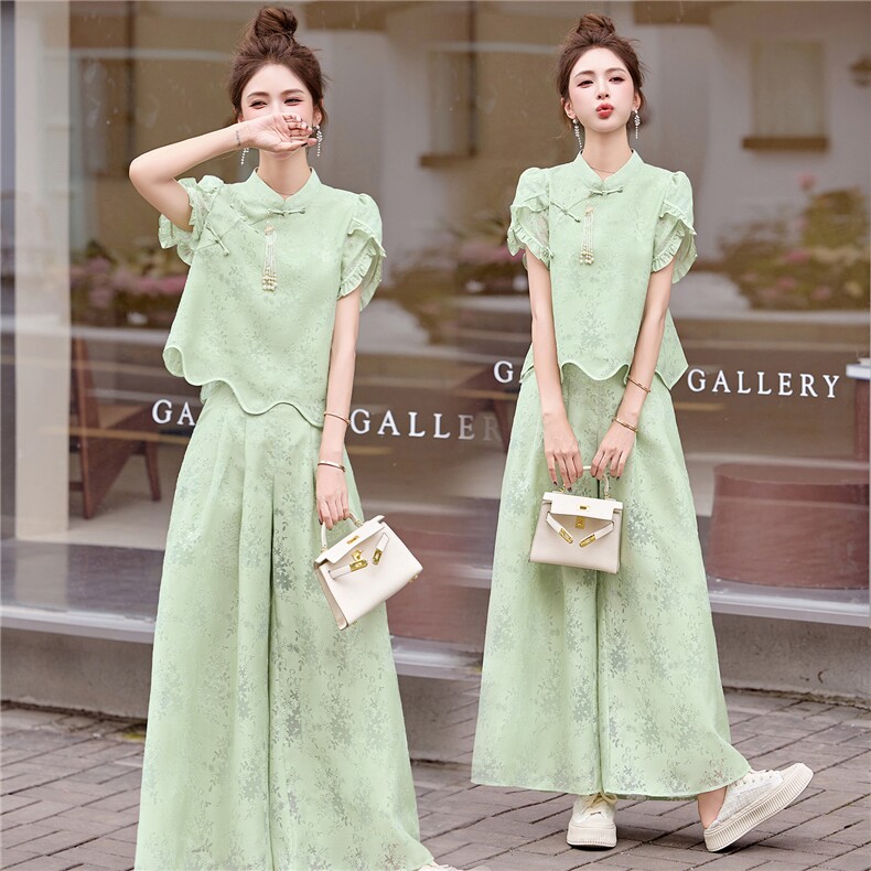 新中式名媛国风套装女2025夏季新款提花波浪边上衣阔腿裙裤两件套，女装套装/套裙，艾仟回(原伊仟回)