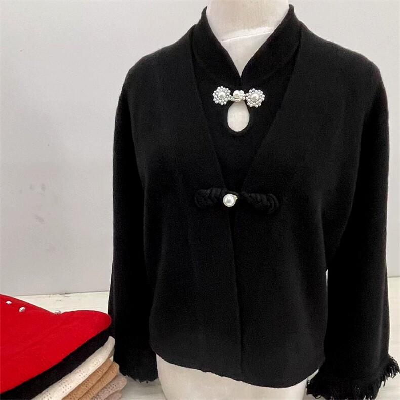 2024年秋季纯色单排扣长袖立领气质唐装羊毛外套，女装羊毛衫，盛鼎羊绒