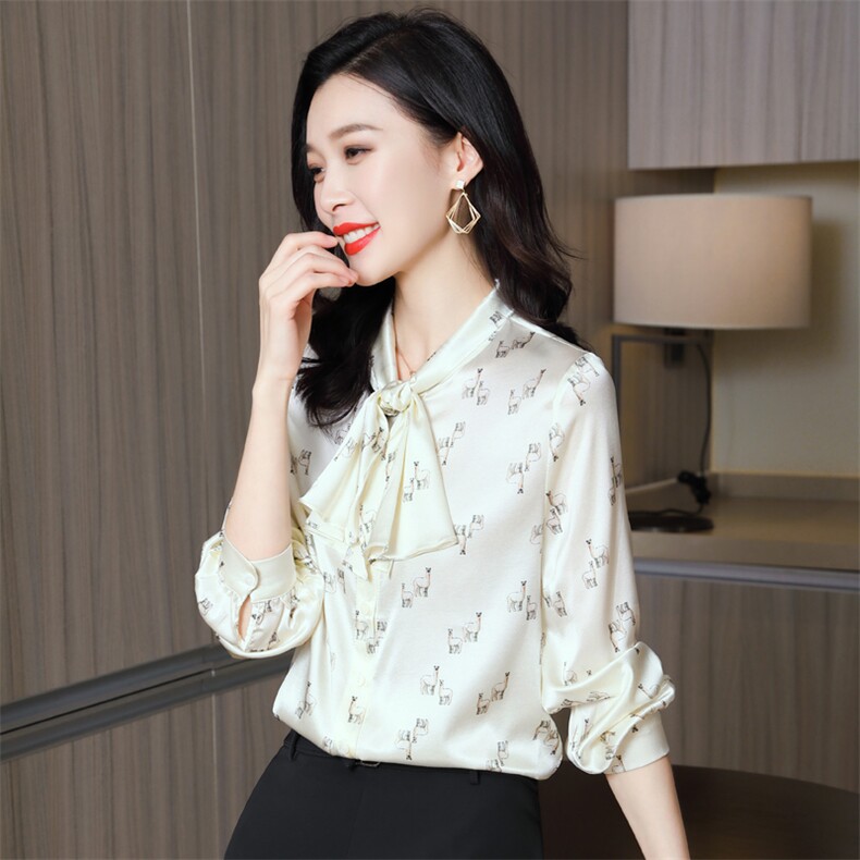 蝴蝶结领结重磅真丝衬衫女士长袖印花真丝上衣衬衣时尚气质秋装，女装衬衫，阿舍尔精品