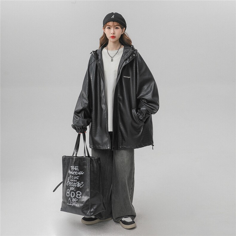 中性连帽鳄鱼纹PU皮衣大码情侣休闲冲锋衣夹克男JK8744P90控128,女装短外套,星座226-1