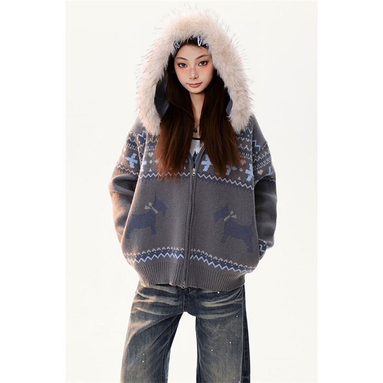 重磅北极绒座山雕毛衣外套冬美式复古休闲慵懒风大毛毛领针织开衫，男装针织衫/毛衣，电商A486-1