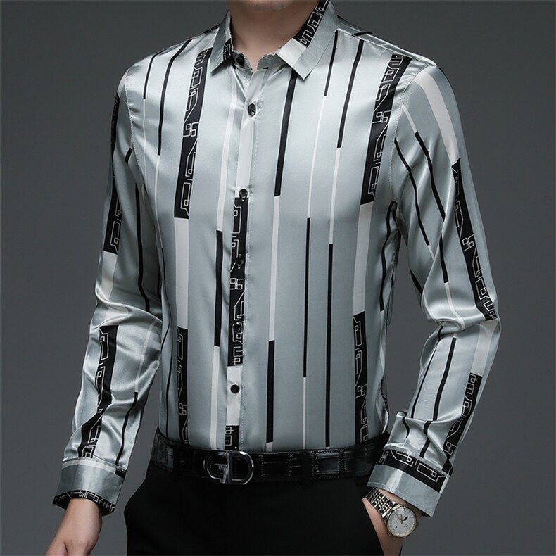 长袖衬衫男秋季薄款中年爸爸装商务休闲时尚寸衫印花免烫衬衣,男装衬衫,电商B212（原钱塘6029）