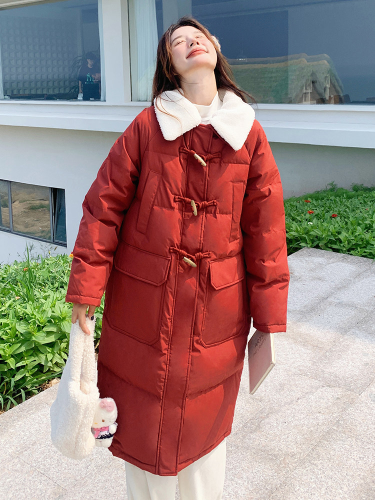 新年红色羊羔毛翻领羽绒棉服女冬季2024新款学院风牛角扣棉衣棉袄,女装棉衣/棉服,C位