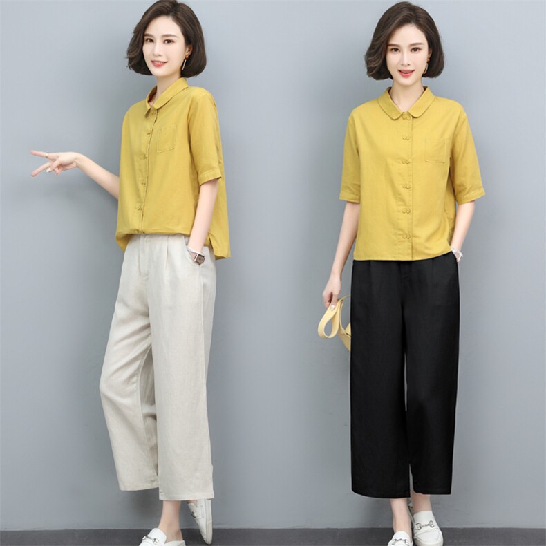 棉麻衬衫女夏季薄款2024年新款复古宽松中年妈妈气质休闲亚麻上衣,女装套装/套裙,璐依舞