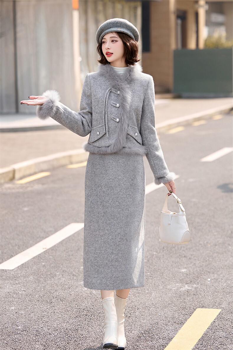 小香风羽绒服套装女白鸭绒加厚保暖狐狸毛拼接短款外套冬,女装套装/套裙,衣之秀