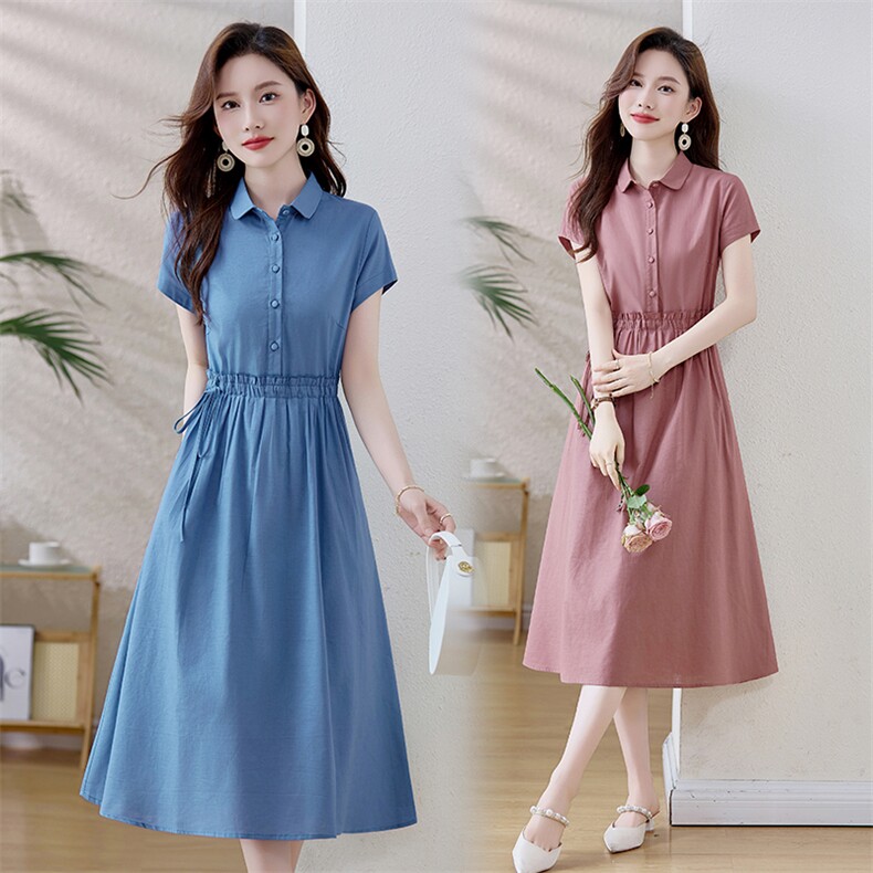 高级棉麻衬衫连衣裙女2025夏季新款气质妈妈纯色收腰纯棉长款裙子，女装连衣裙，鑫思依格