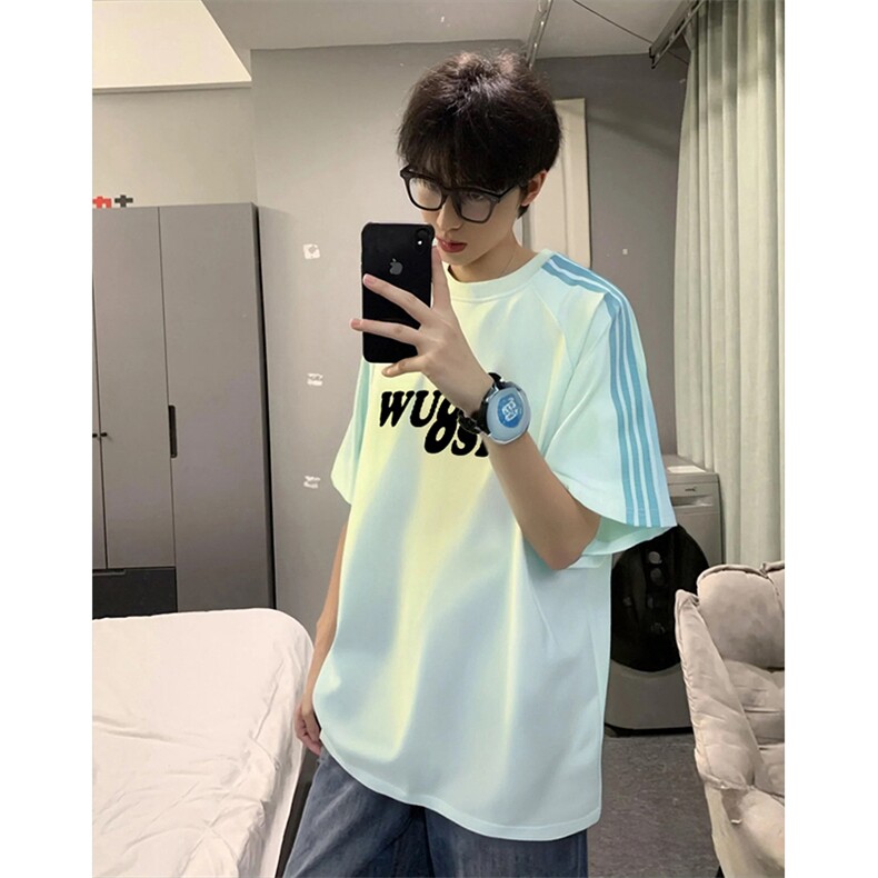 抖音得物品质二开240克宽松纯棉美式潮牌印花三条杠中性风短袖T恤,男装T恤,电商A486