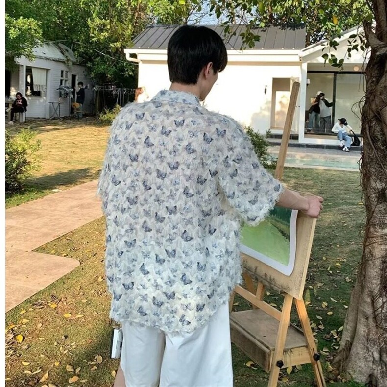 蓝色流苏蝴蝶短袖衬衫男款夏美式复古潮流设计感宽松百搭衬衣外套,男装衬衫,星座506A