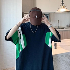欧美高街t恤原创拼接hiphop棒球短袖男夏季重磅藏青色条纹五分袖，男装T恤，星座1210-1