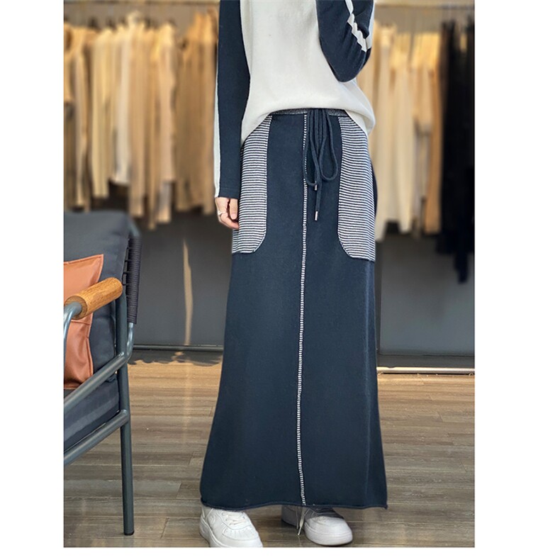 2024年秋季新款高腰显瘦口袋拼接长款半身裙，女装半身裙，若菲羊绒