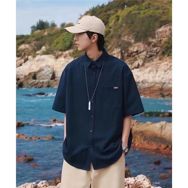 衬衫男短袖夏季日系百搭纯色五分袖衬衣薄款潮流宽松翻领外套图片