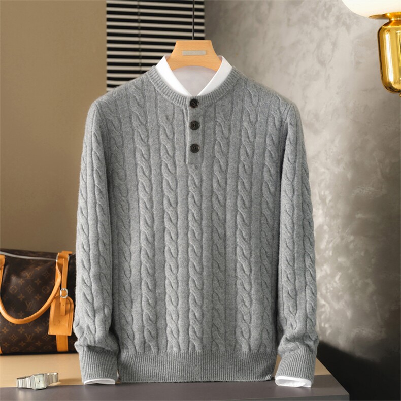 2025年秋季新款百搭男士扣子领麻花羊绒衫，男装羊绒套衫，麦纱纱羊绒