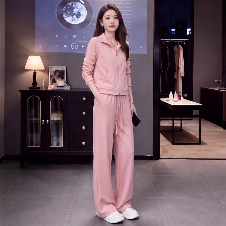 高级感时尚休闲运动服套装女春秋新款立领长袖卫衣阔腿长裤两件套,女装套装/套裙,江南