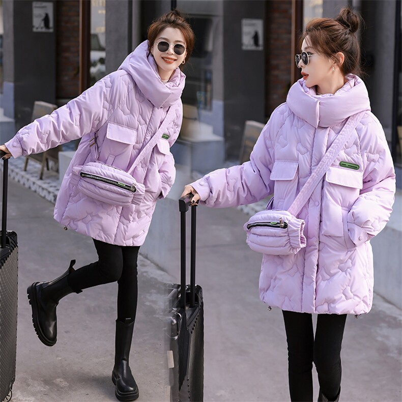 现货新款女冬装宽松休闲时尚通列减龄加厚保暖棉服连帽外套带包包，女装棉衣/棉服，韩美纤衣