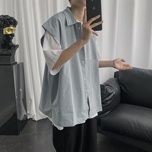 夏季男士潮流无袖衬衫宽松韩版日系潮牌纯色休闲学生背心CS07-p28图片
