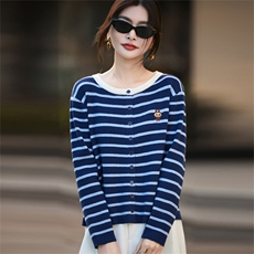 洋气条纹撞色针织开衫女25秋冬新款长袖保暖毛衣小个子短外套毛衫，女装针织衫/毛衣，菲奥羊绒