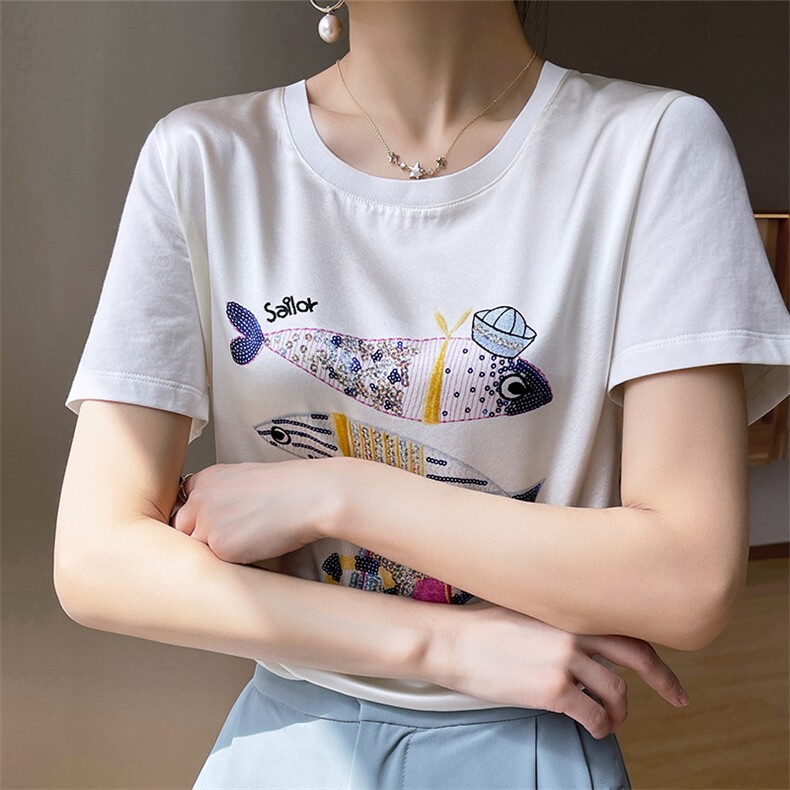 重磅真丝t恤女短袖印花桑蚕丝白色圆领小衫2024夏装半袖短款上衣,女装T恤,兴泰羊绒