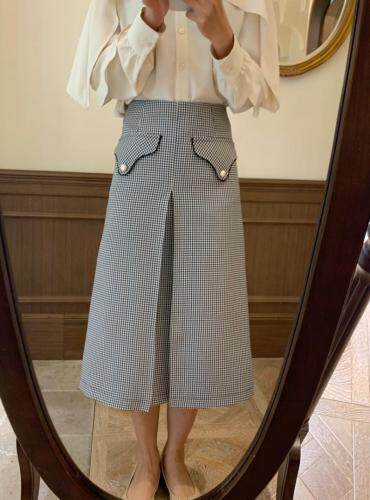 独屿2021春格纹复古半身裙，女装半身裙，独屿