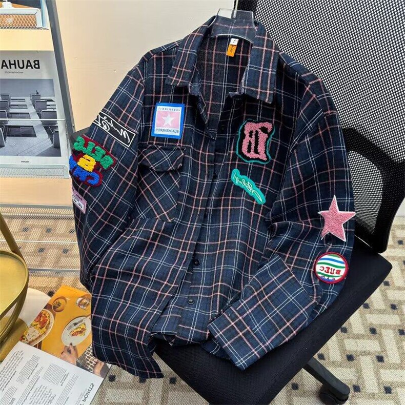 W392-P45春季新款复古潮牌小众设计感格子刺绣长袖衬衫外套男女,男装衬衫,星座911-1